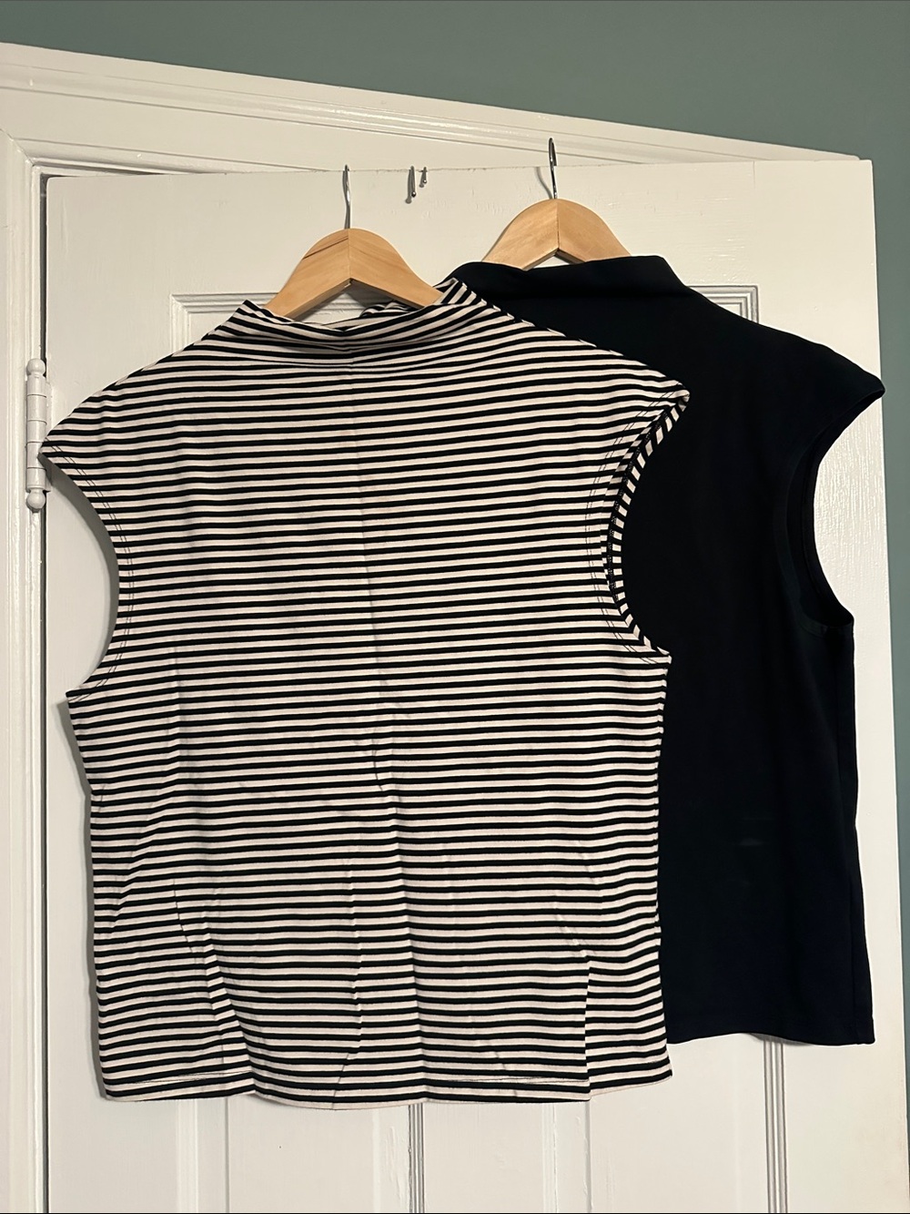 Two J. Crew Sleeveless Mock Neck Tops - Black and Black/White Stripe
